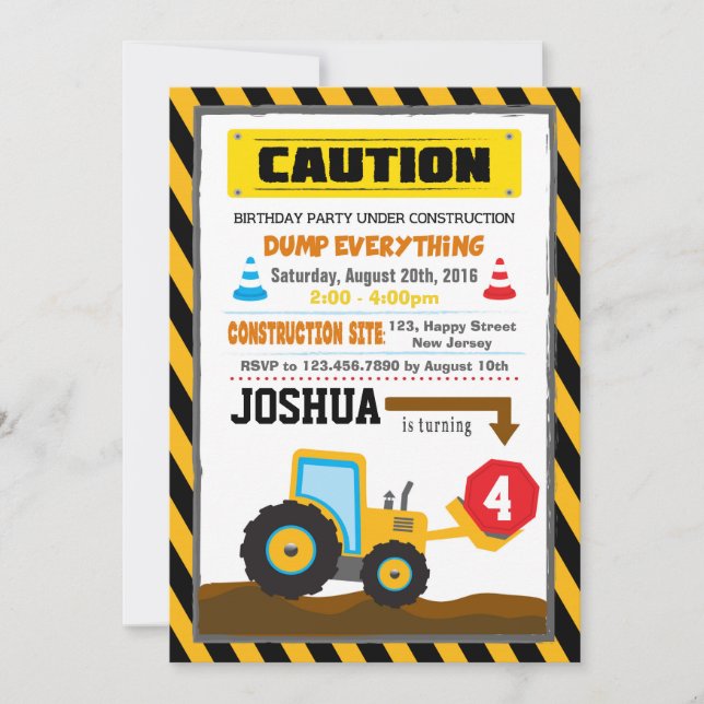 Dump Truck Construction Birthday invitation (Front)