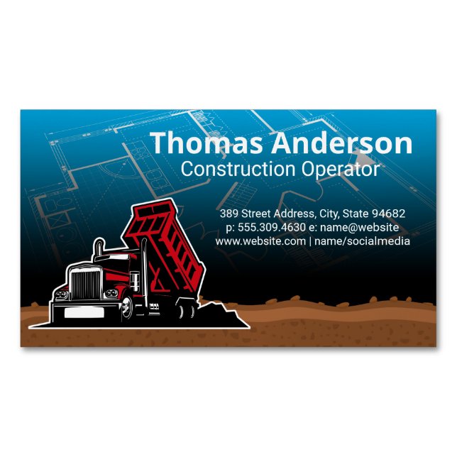 Dump Truck | Construction Blue Prints Magnetic Business Card (Front)