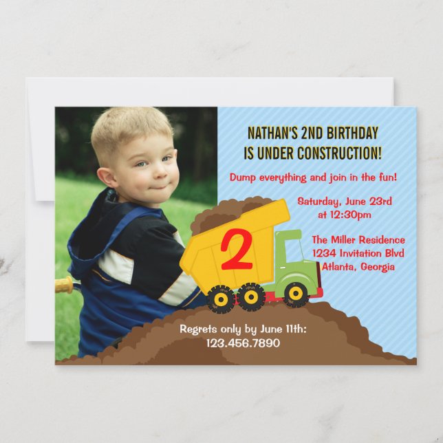 Dump Truck Construction Boy Birthday Party Photo Invitation (Front)