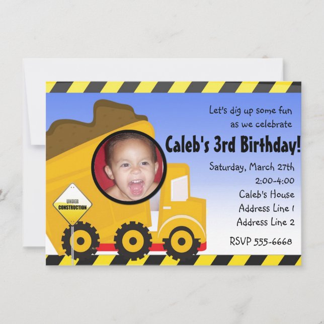 Dump truck construction photo party invitation (Front)