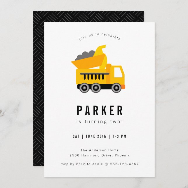 Dump Truck Construction Theme Birthday Invitation (Front/Back)