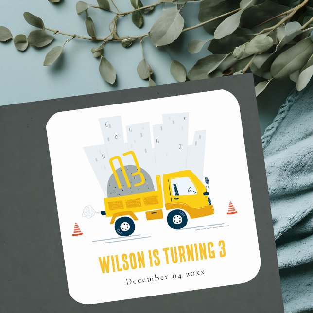 Dump Truck Construction Vehicle Kids Birthday Square Sticker (Creator Uploaded)