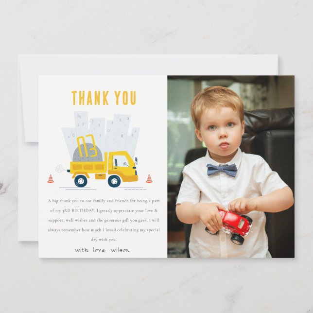 Dump Truck Construction Vehicle Photo Birthday Thank You Card (Front)