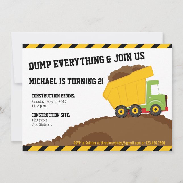 Dump Truck & Dirt Construction Zone Birthday Invitation (Front)