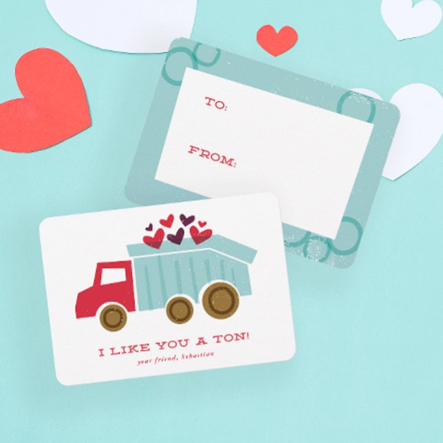 Dump truck Kids Classroom Valentine's Day Card (Modern hand drawn dump truck kids Classroom Valentine's Day cards.)