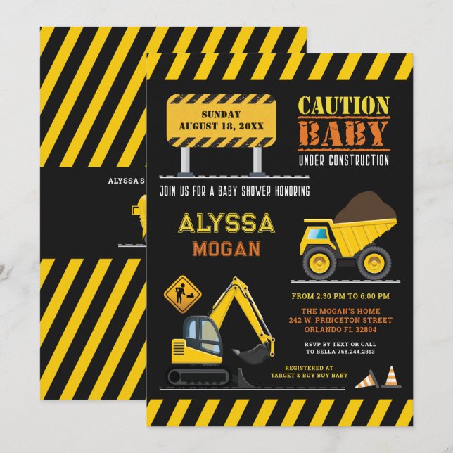 Dump Truck Party Under Construction Baby Shower Invitation (Front/Back)