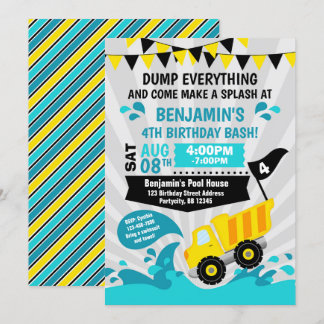 Dump Truck Pool Party Summer Construction Birthday Invitation