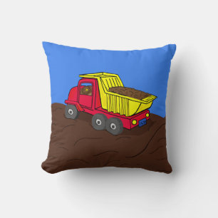 Dump Truck Red and Yellow Cartoon Art Throw Pillow