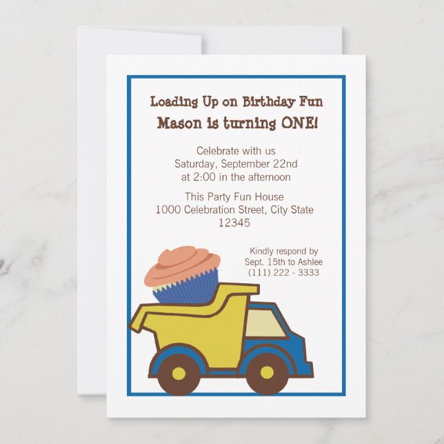 Dump Truck with Cupcake Blue Invitation (Front)