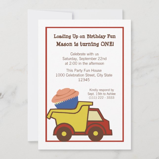 Dump Truck with Cupcake Red Invitation (Front)