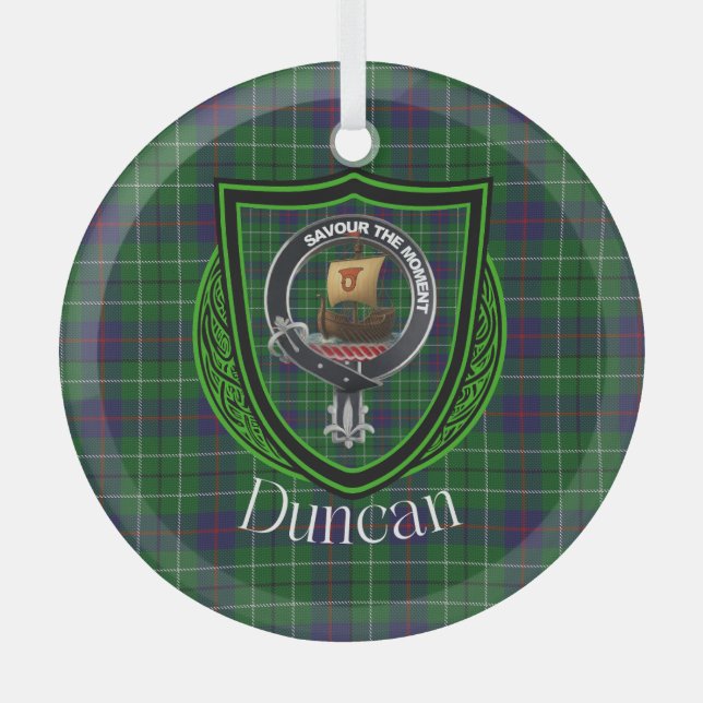 Duncan Scottish Clan Tartan & Crest Glass Ornament (Front)