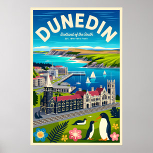 Dunedin New Zealand Retro Travel Poster Art
