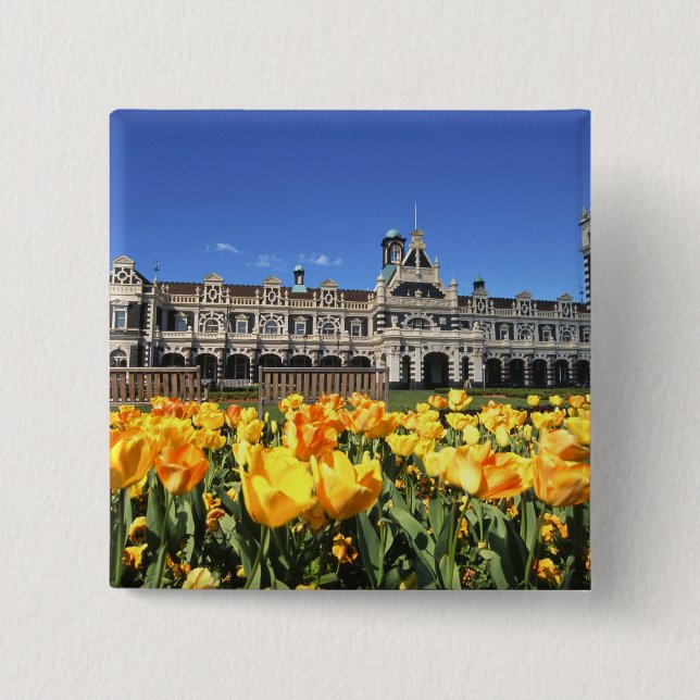 Dunedin Railway Station 2 Inch Square Button (Front)