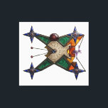 Dungeon Artifact Canvas Print<br><div class="desc">An intricate mystical device that merges ancient alchemy with precise geometry. This X-shaped artifact features a central bone-colored disc engraved with cryptic cuneiform, crowned by a massive star ruby. The frame is heavily inlaid with concentric malachite, deep blue lapis lazuli, and warm amber fragments. Four navigational star-compasses at the tips...</div>