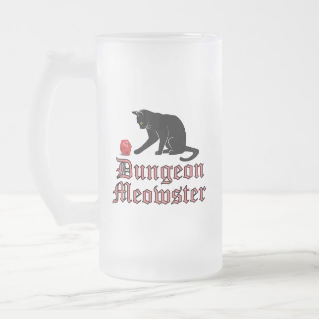Dungeon Meowster Funny RPG Cat with Dice Frosted Glass Beer Mug (Left)