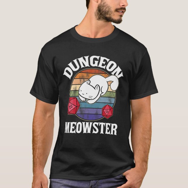 Dungeon Meowster Nerdy D20 Dice Nerd Kitten Cat RP T-Shirt (Front)