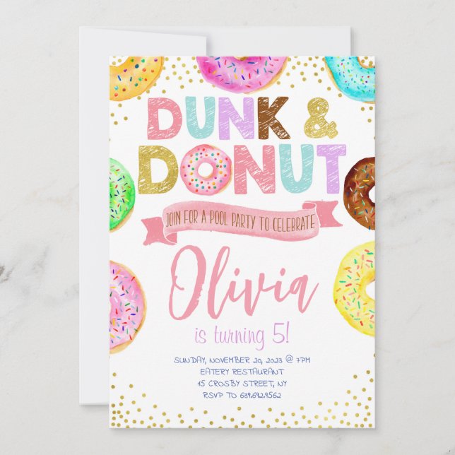 Dunk and Doughnuts Birthday Invitation Pool Party (Front)