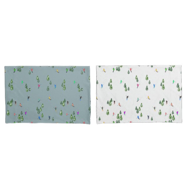  Duo Colour Alpine Skiers Pine Trees Blue White  Pillowcase (Front-Set)
