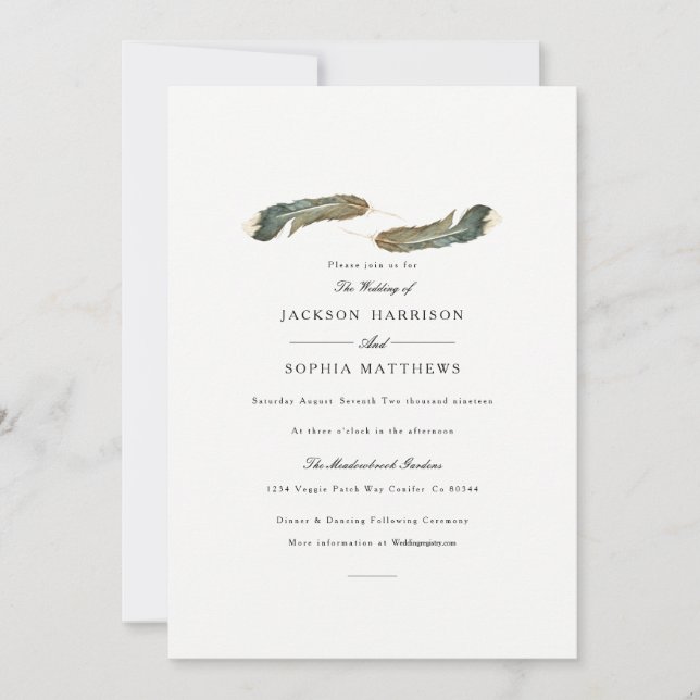 Duo de plumes | Invitation de mariage aquarelle (Devant)