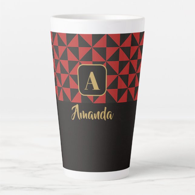 Duo Geo Black & Crimson Red Custom Names Latte Mug (Front)