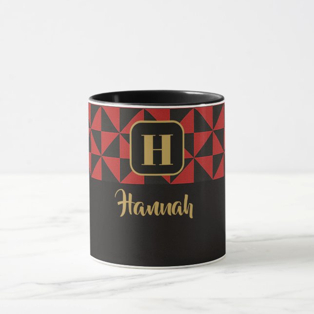 Duo Geo Black & Crimson Red Custom Names Mug (Center)