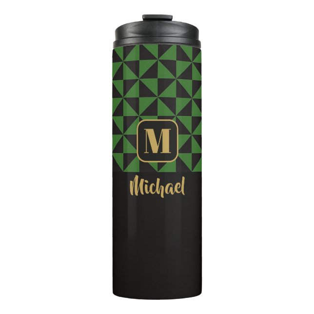 Duo Geo Black & Forest Green Custom Names Thermal Tumbler (Front)