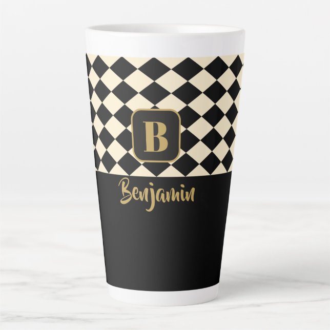 Duo Geo Black & Ivory Cream Custom Names Latte Mug (Front)