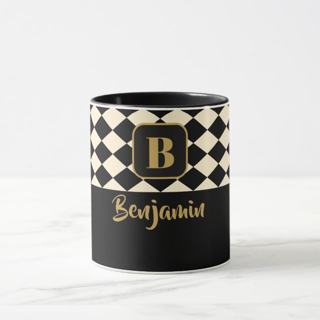 Duo Geo Black & Ivory Cream Custom Names Mug (Center)