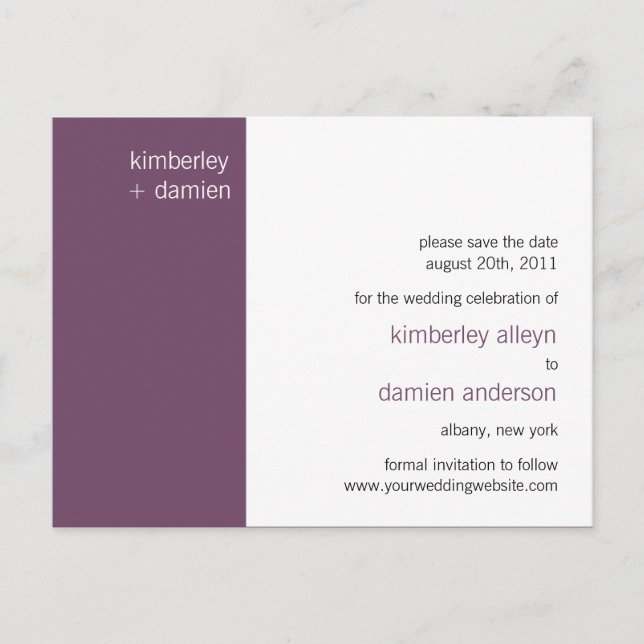"Duo" Purple Save the Date Postcard (Front)