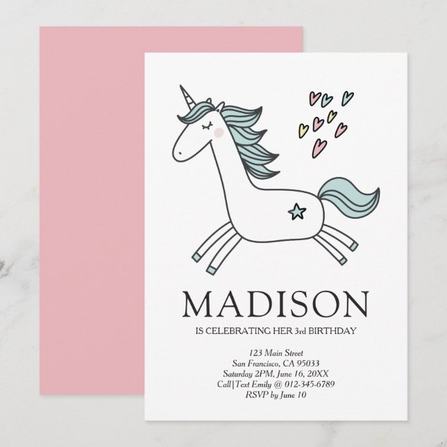 Duodle Coeur de l'Unicorne Invitation d'anniversai (Devant / Derrière)