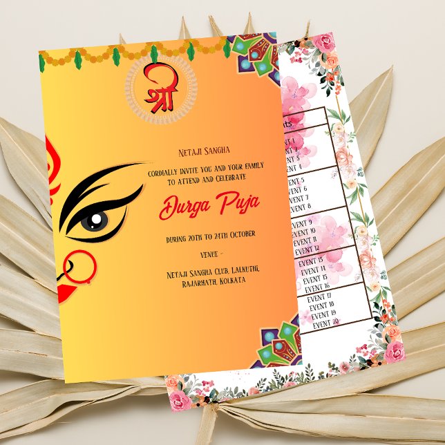 Durga Puja Navratri Bengali Floral Event List Invitation (Creator Uploaded)