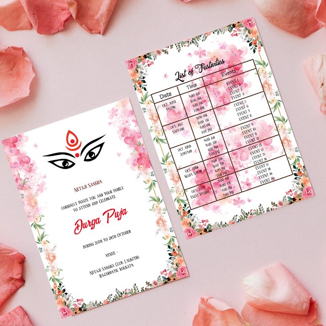 Durga Puja Navratri Bengali Floral Event List Invitation (Creator Uploaded)