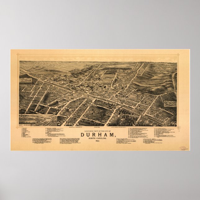 Durham N. Carolina 1891 Antique Panoramic Map Poster (Front)