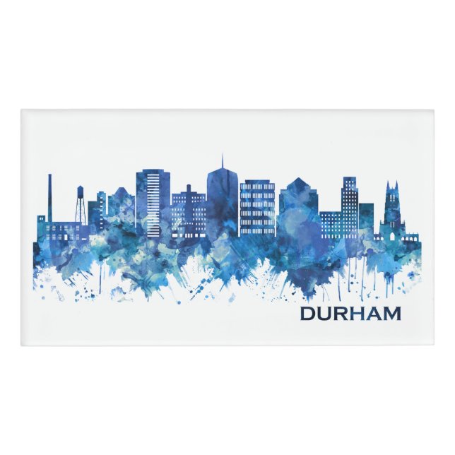 Durham North Carolina Skyline Blue Name Tag (Front)