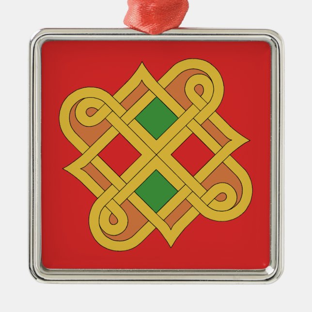 Durrow Knotwork 2016 Red and Green Metal Ornament (Front)