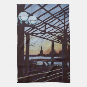 Dusk at Freedom’s Birthplace, Ellis Island Kitchen Towel