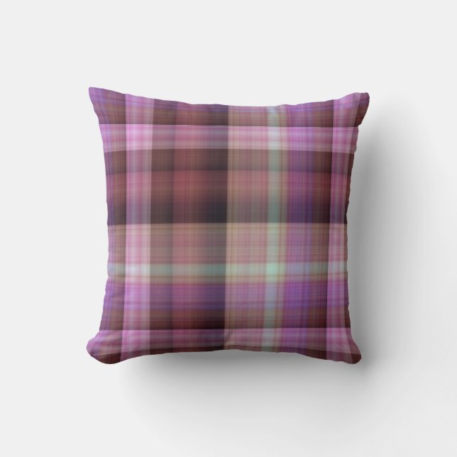 Dusk Blossoms Purple and Pink Plaid Throw Pillow (Front)