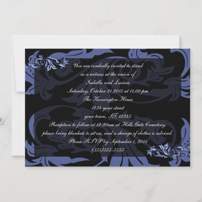 Dusk Blue Damask Goth Wedding Invitation (Front)