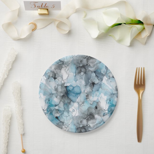 Dusk Blue Grey Alcohol Liquid Ink Swirls Paper Plate (Wedding)