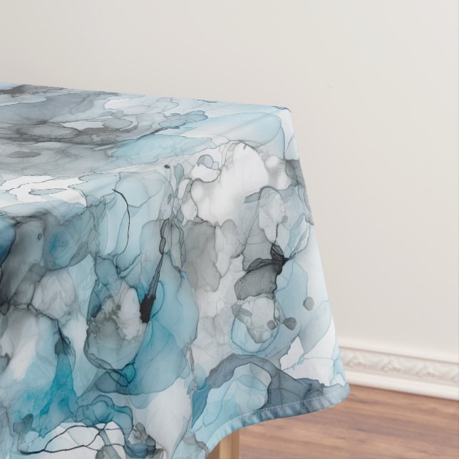 Dusk Blue Grey Alcohol Liquid Ink Swirls Tablecloth (In Situ)