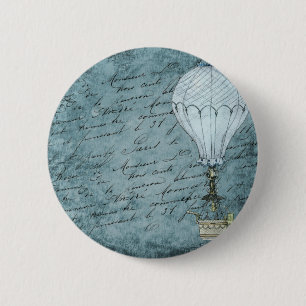 Dusk Blue Hot Air Balloon Steampunk Handwriting 2 Inch Round Button