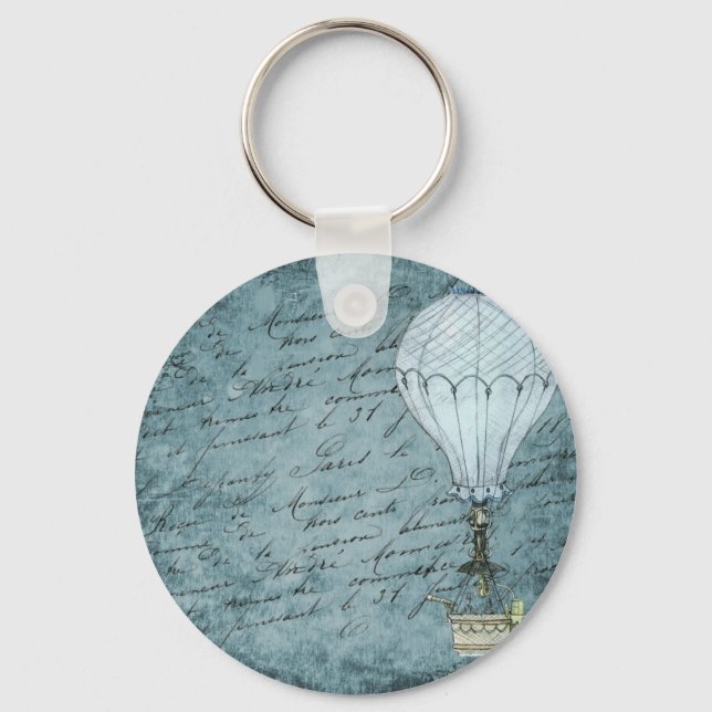 Dusk Blue Hot Air Balloon Steampunk Handwriting Keychain (Front)