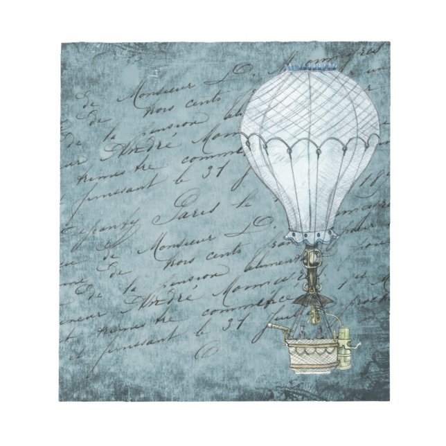 Dusk Blue Hot Air Balloon Steampunk Handwriting Notepad (Front)
