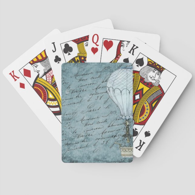 Dusk Blue Hot Air Balloon Steampunk Handwriting Playing Cards (Back)