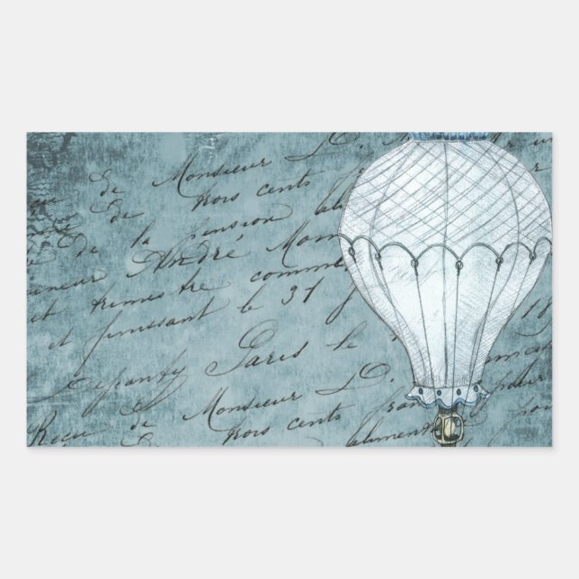 Dusk Blue Hot Air Balloon Steampunk Handwriting Sticker (Front)