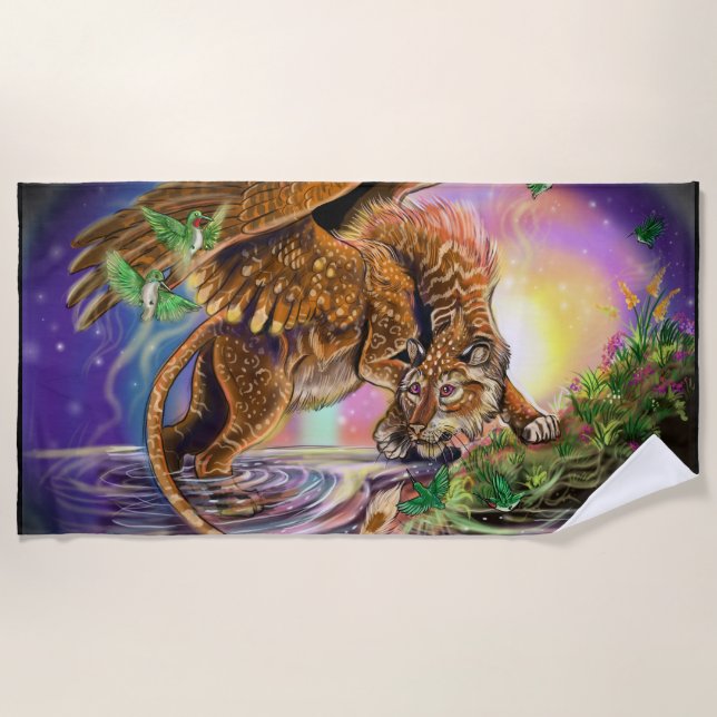 Dusk Hunter Flying Cat Beach Towel (Front)