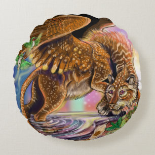 Dusk Hunter Flying Cat Round Pillow