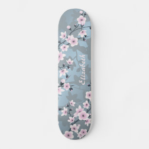 Dusk Pink Grayish Blue Cherry Blossom Monogram  Skateboard