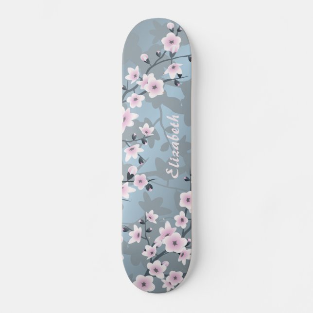 Dusk Pink Grayish Blue Cherry Blossom Monogram  Skateboard (Front)