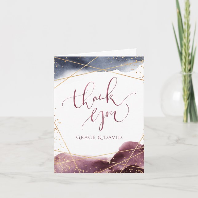 Dusk Watercolor Geometric Modern Calligraphy Thank You Card (Front)